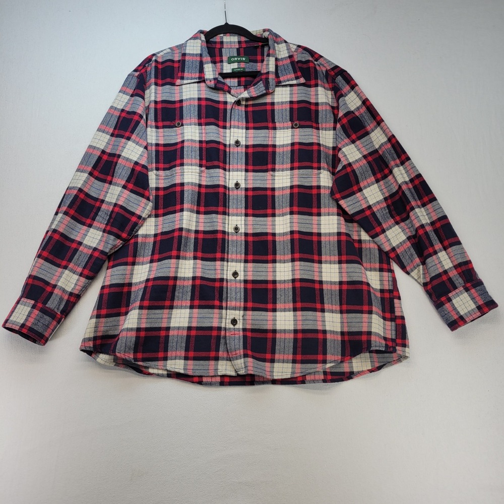 Orvis‎ Flannel Shirt Mens 2XL Red Navy Blue Plaid Classic Fit Cotton